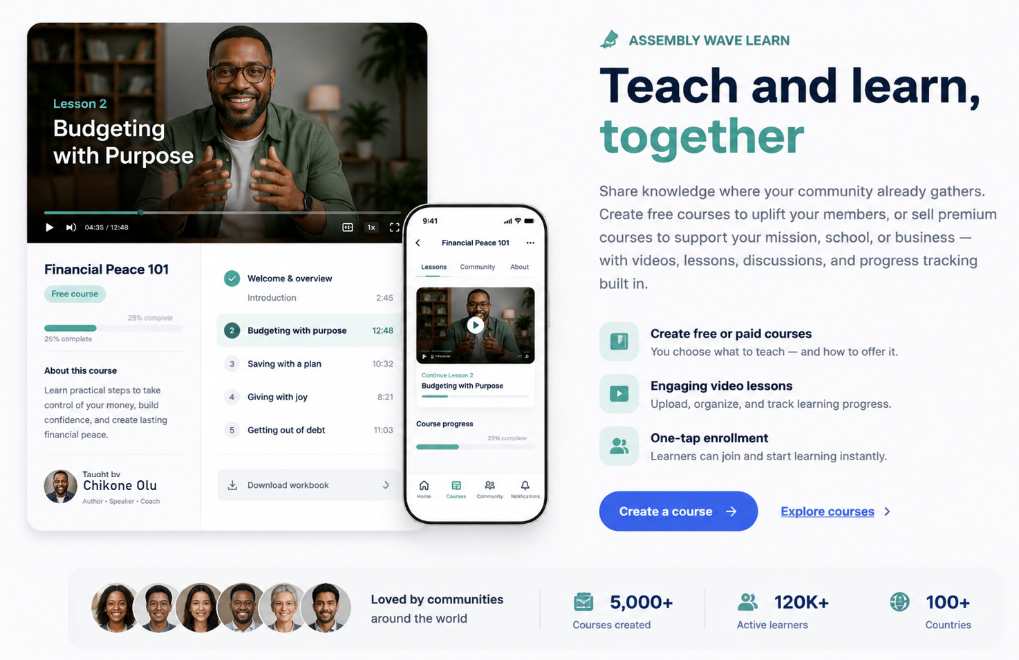 Assembly Wave Learn — teach and learn together: create free or paid courses with video lessons, progress tracking, and one-tap enrollment